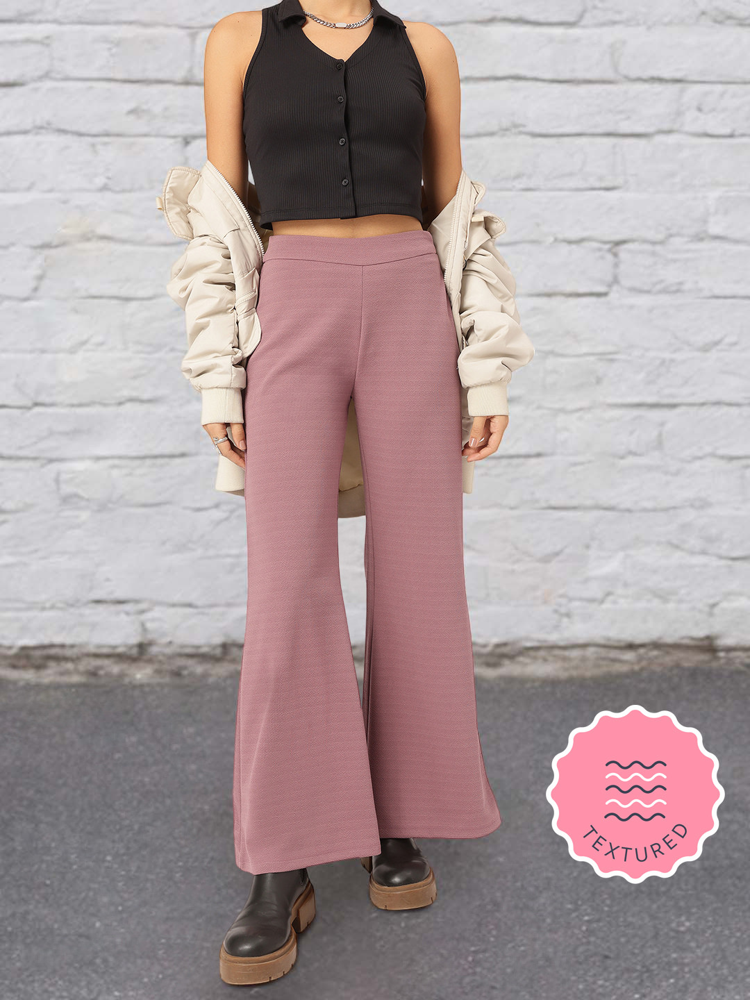 The Roadster Lifestyle Co. Women 70s Flare Textured Bootcut Trousers
