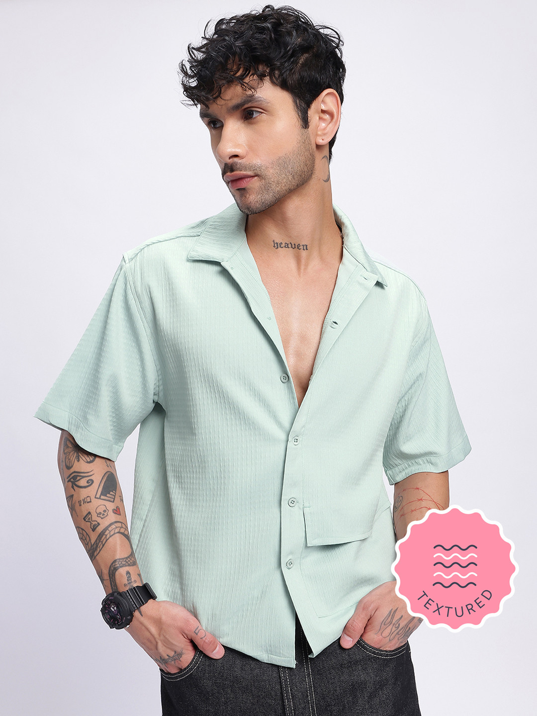 glitchez Textured Box Pocketed Relaxed Shirt