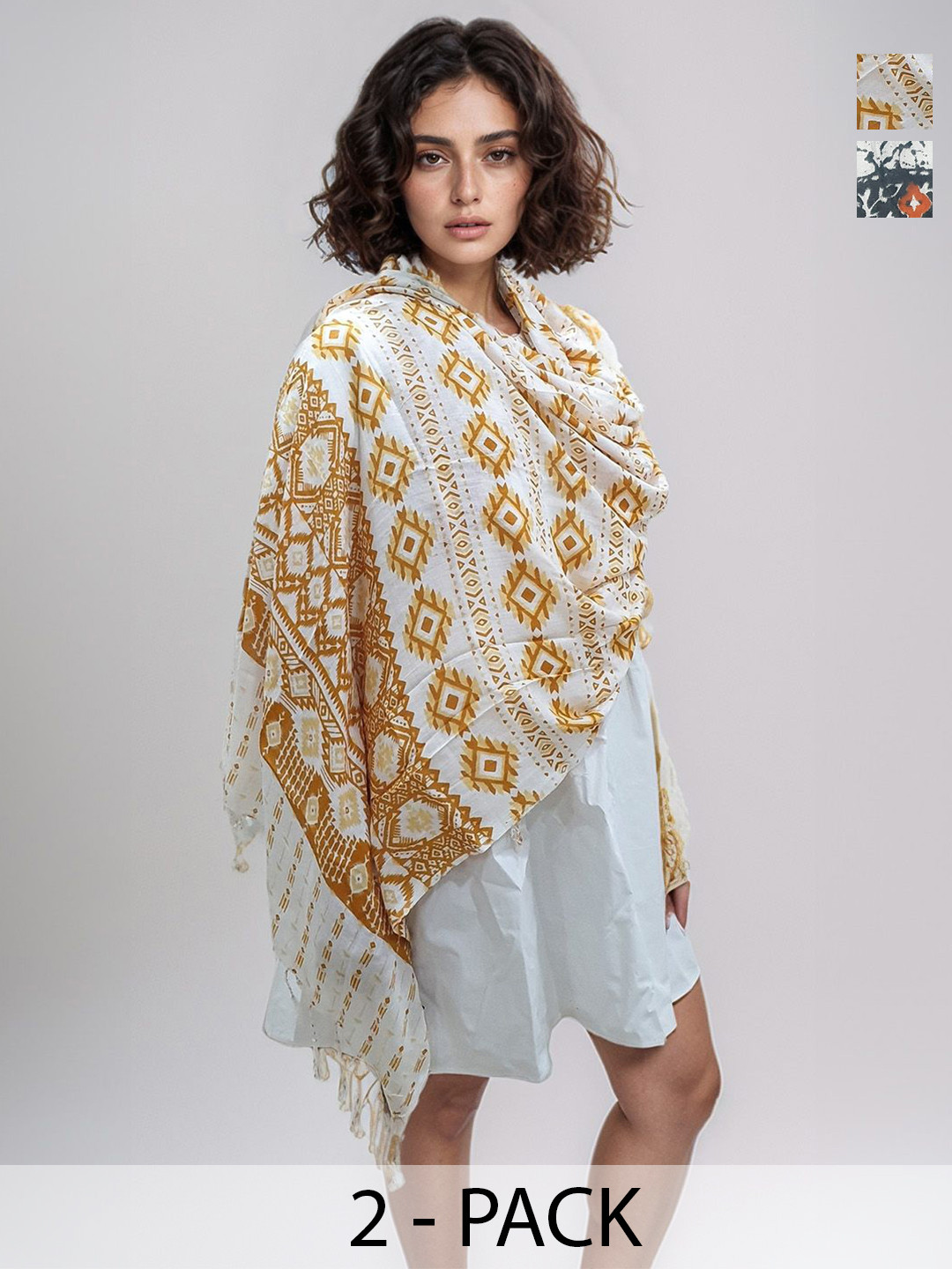 J Style Pack Of 2 Geometric Printed Tasselled Stoles