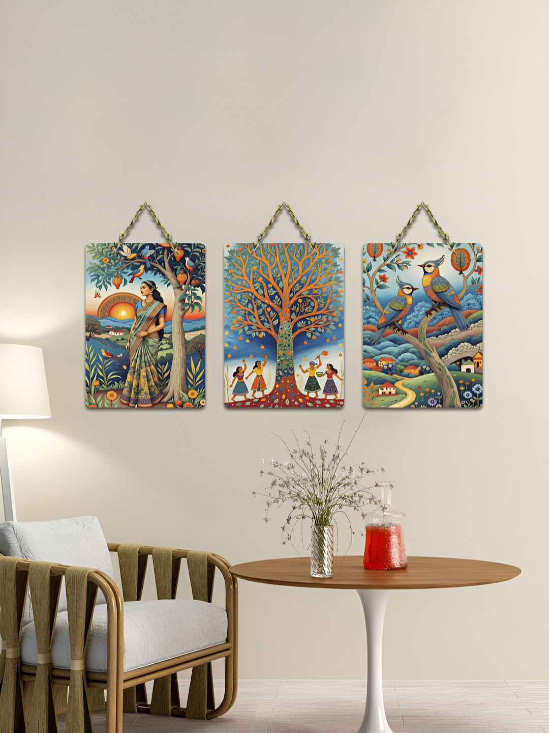 ArtVibes Green & Blue 3 Pieces Village Life Folk Art Printed Wooden Hanging Wall Arts