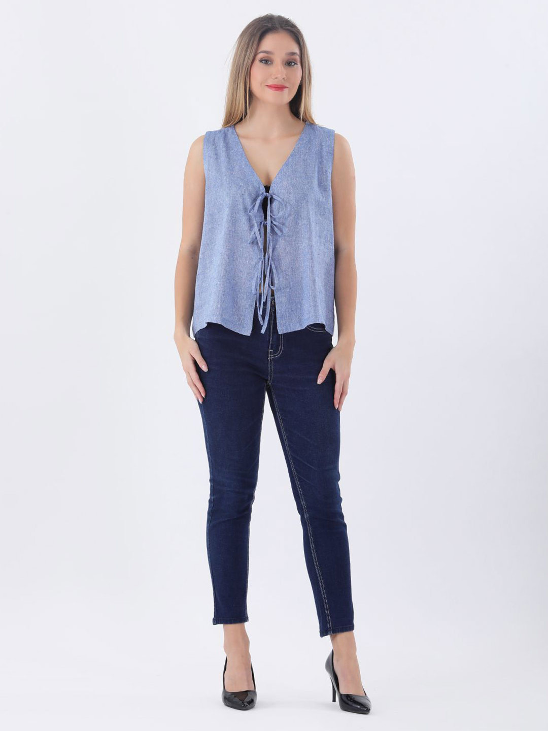 Qurvii Denim Blue Linen Tie Up Vest Top