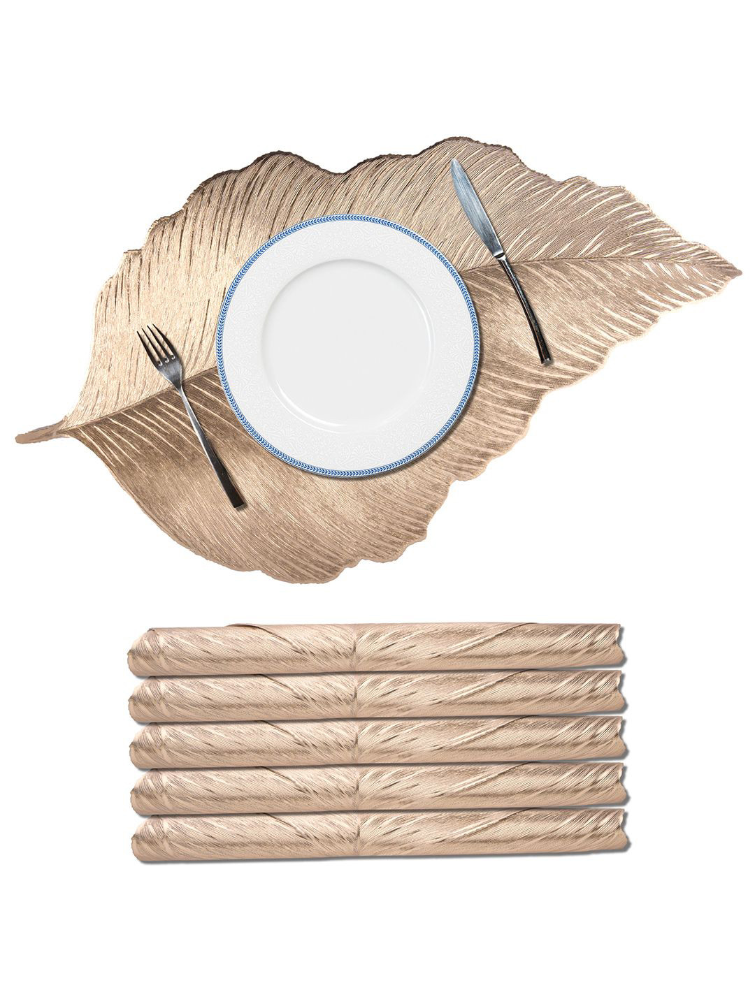 Kuber Industries Gold-Toned 6 Pieces Emboss Leaf Anti-Slip Table Placemats