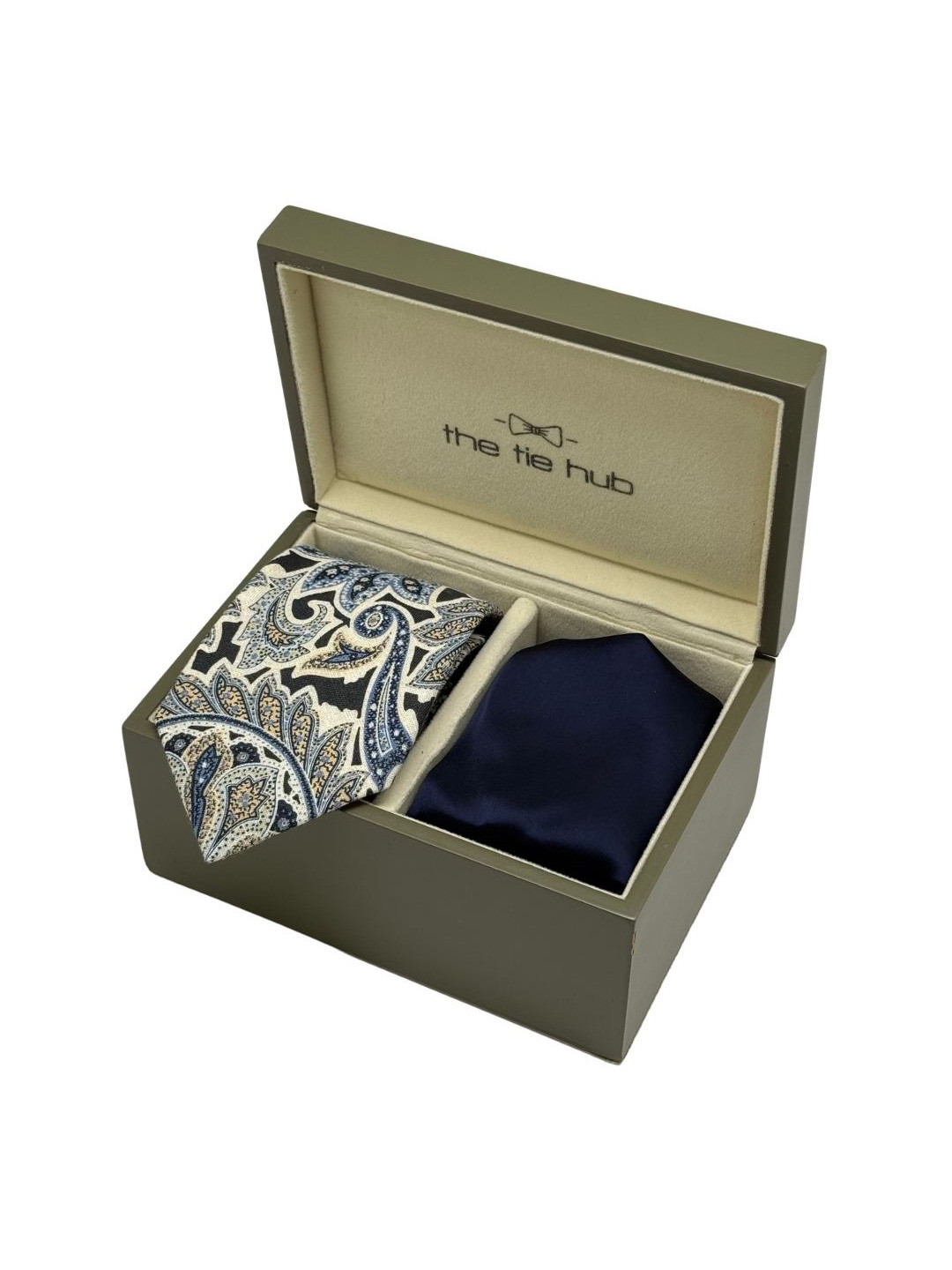 The Tie Hub Men Paisley Silk Necktie with Navy Blue Pocket Square Gift Set