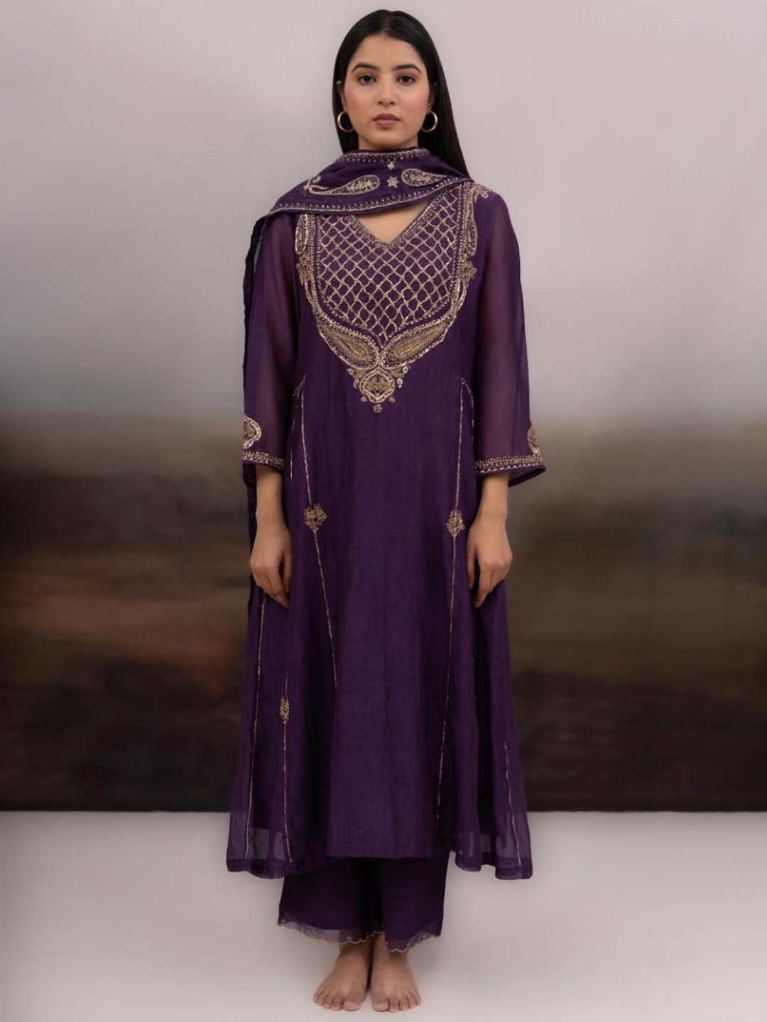 TATWA DESIGNS Ambia Embroidered A-Line Thread Work Chanderi Silk Kurta & Trouser & Dupatta