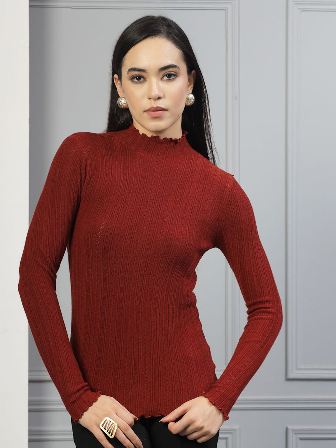 Mafadeny Women Ribbed Sweater with Ruffled Neck and Sleeves