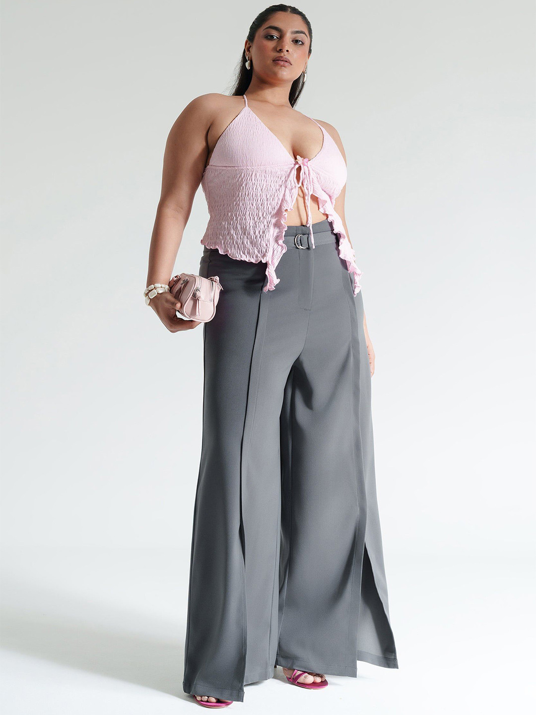 FREAKINS Women Flared High-Rise Pleated Belted  Korean Pants