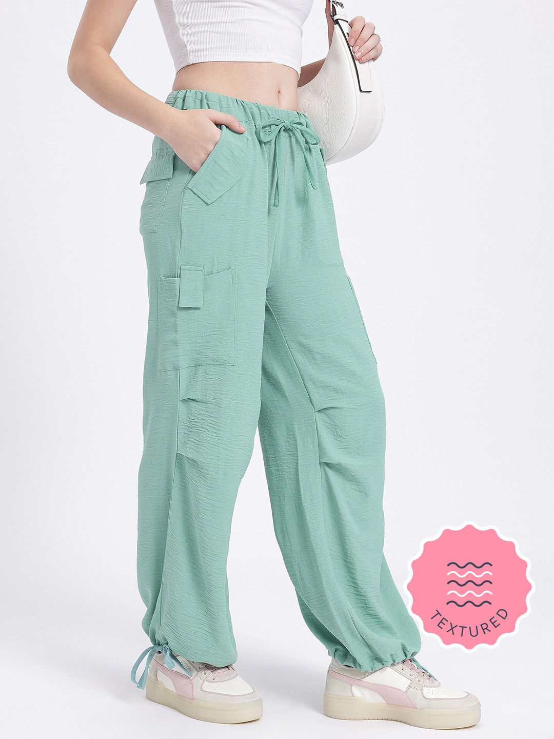 glitchez Women Crinkled Loose Fit C argo-Style Parachute Trousers