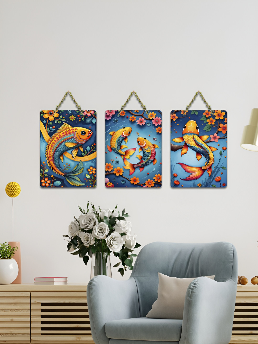 ArtVibes Yellow 3 Pieces Colorful Fish & Floral Fusion Printed Wooden Hanging Wall Arts