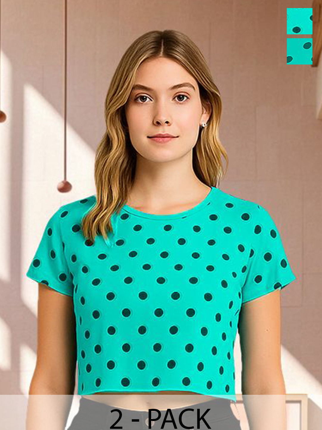 Unicus Apparel Women Pack of 2 Polka Dot Printed Round Neck Short Sleeve Crop Top