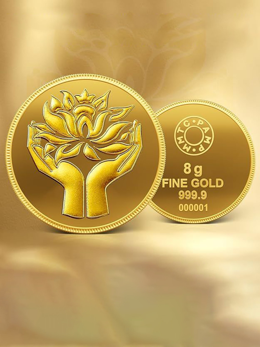 MMTC PAMP 24K 999.9+ Purest Lotus Gold Coin, 8 Gram Gold Bar, LBMA Certified