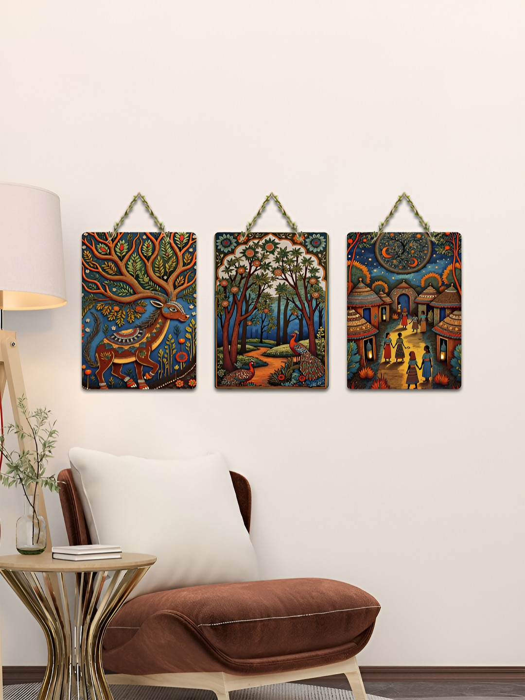 ArtVibes 3-Pcs Blue & Brown Folk Fantasia Printed Wooden Wall Hanging Decor