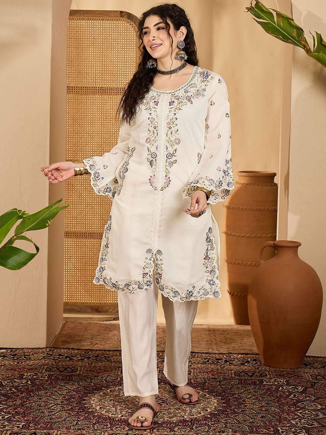 Sangria Pure-Roman Silk Embroidered Tunic With Trouser Co-Ords