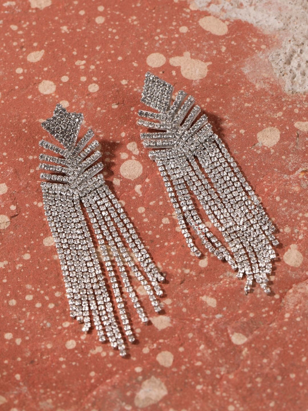 StyleCast Silver-Plated Rhinestone Studded Tasselled Diamond Shaped Drop Earrings