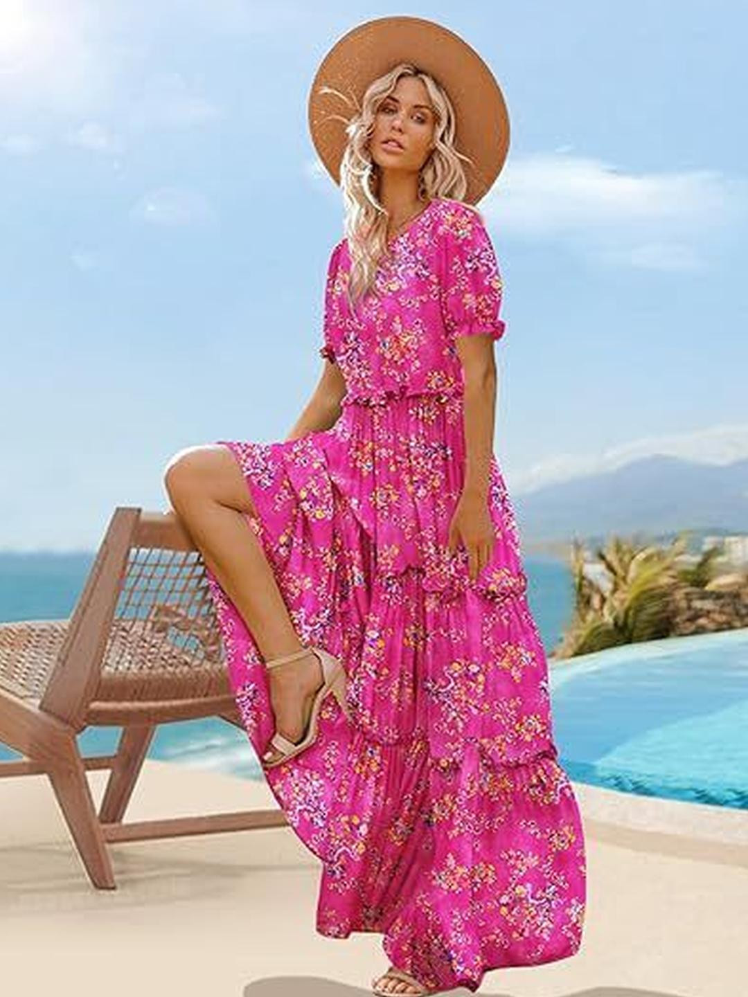 Outzidr Pink Floral Print Maxi Dress