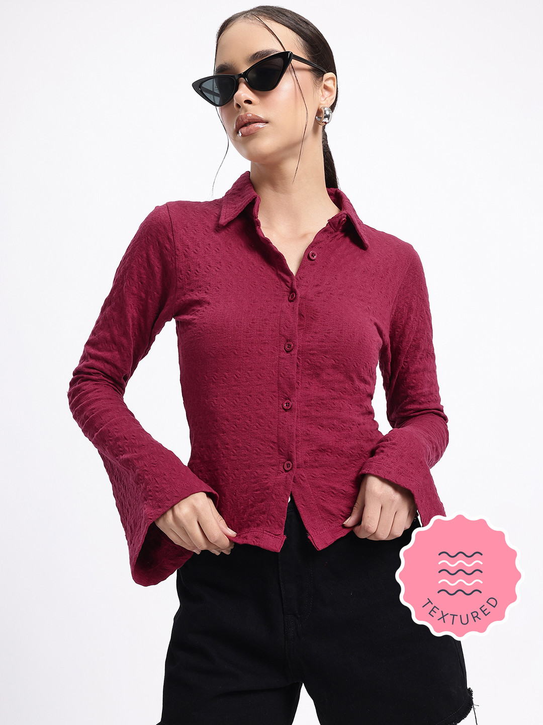 glitchez Texture Pure Cotton Bell Sleeves Shirt