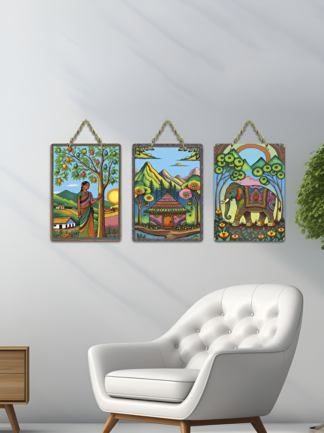 ArtVibes Green 3 Pieces Folk Tales of the Countryside Printed Wooden Hanging Wall Arts