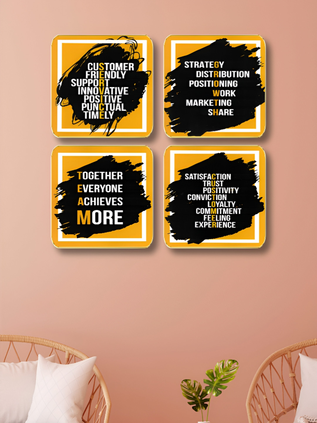 Livin'luxe Yellow & Black 4 Pieces Teamwork & Corporate Motivation Wall Arts
