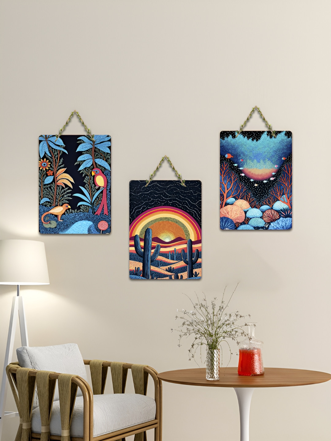 ArtVibes Blue & Black 3 Pieces Printed Wooden Wall Hanging Decors