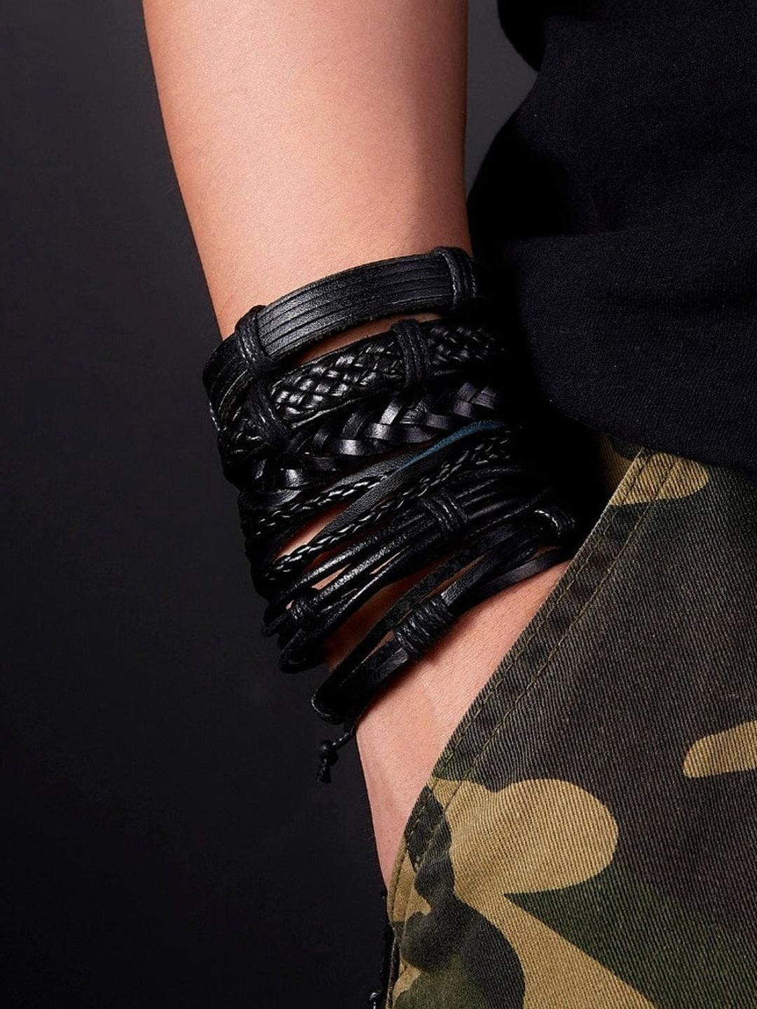 Black Multi-String Wristband Leather Bracelet For Men (pack of 6)