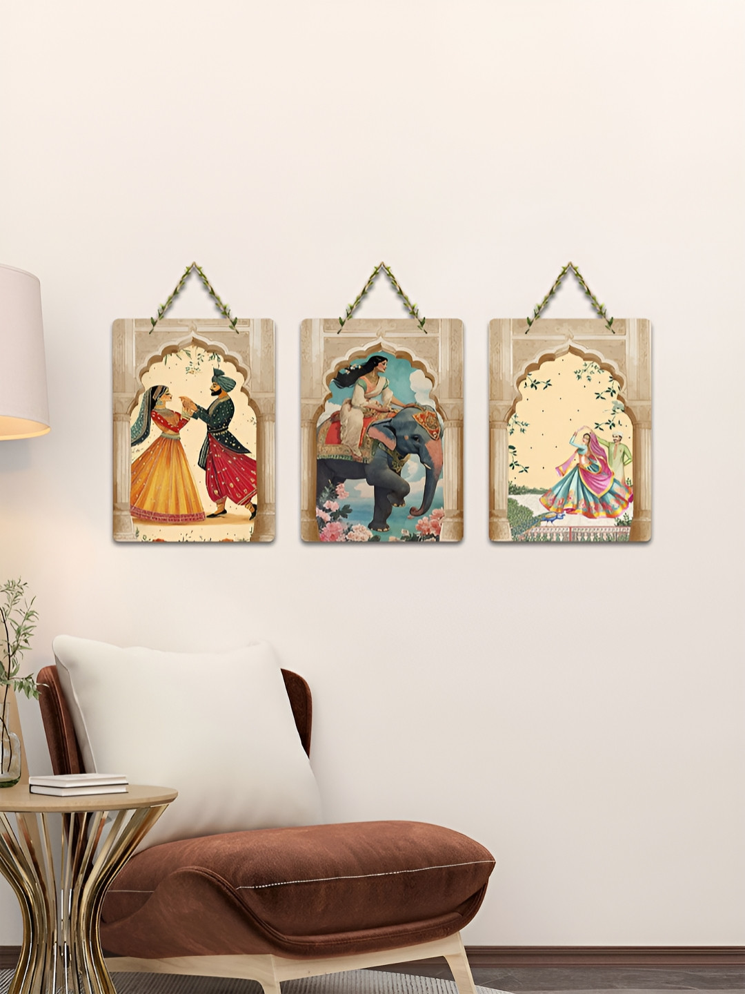ArtVibes 3-Pcs Beige & Red Echoes of Royal Rajasthan Printed Wooden Wall Hanging Decor