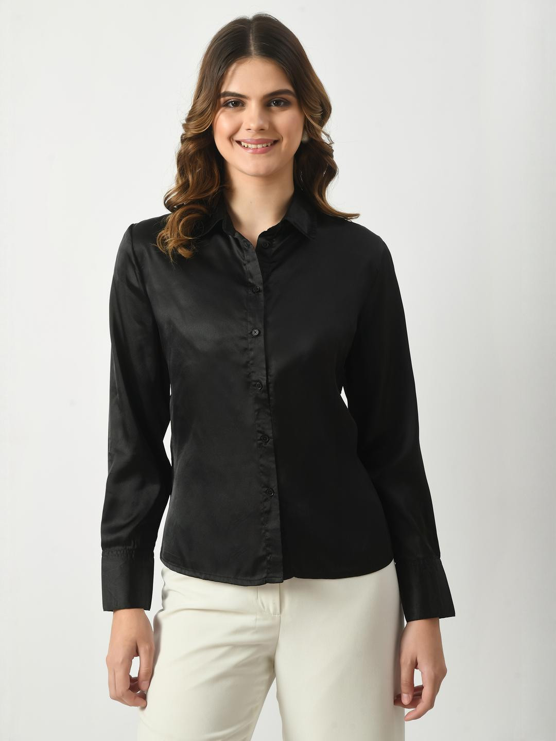 SMERA MART Women Black Solid Regular Fit Formal Satin Shirt