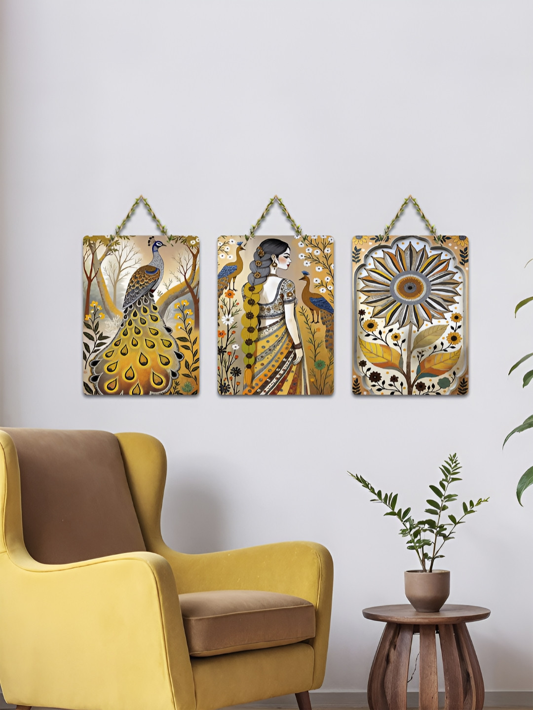 ArtVibes Yellow & Navy Blue 3 Pieces Grace Nature Bloom Printed Wooden Wall Hanging Decors