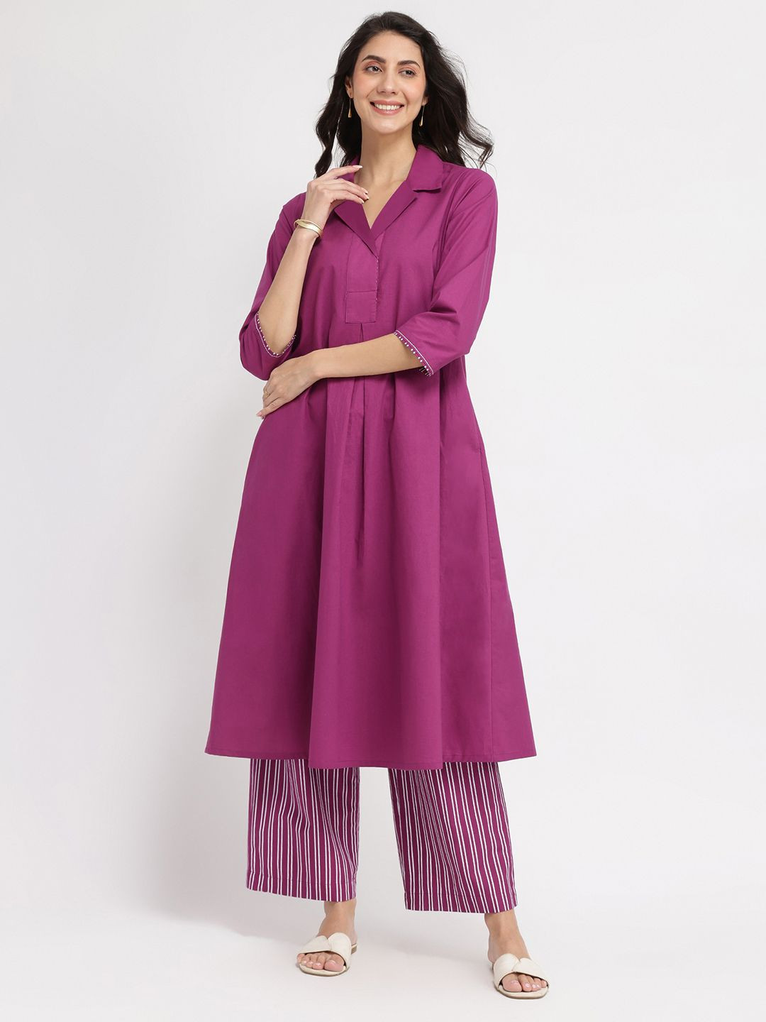 Pink Fort Women Pure Cotton Solid A-Line Shirt Collar Kurta Se