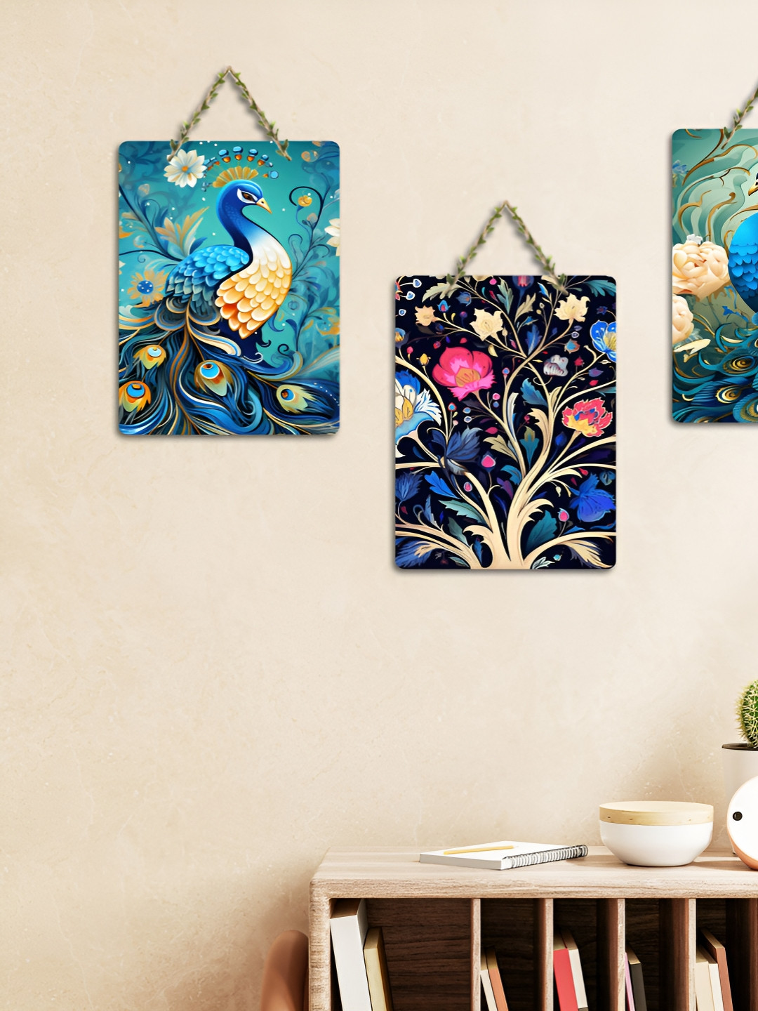 ArtVibes Blue & Green 3 Pieces Kalamkari Printed Wooden Wall Hanging Decors