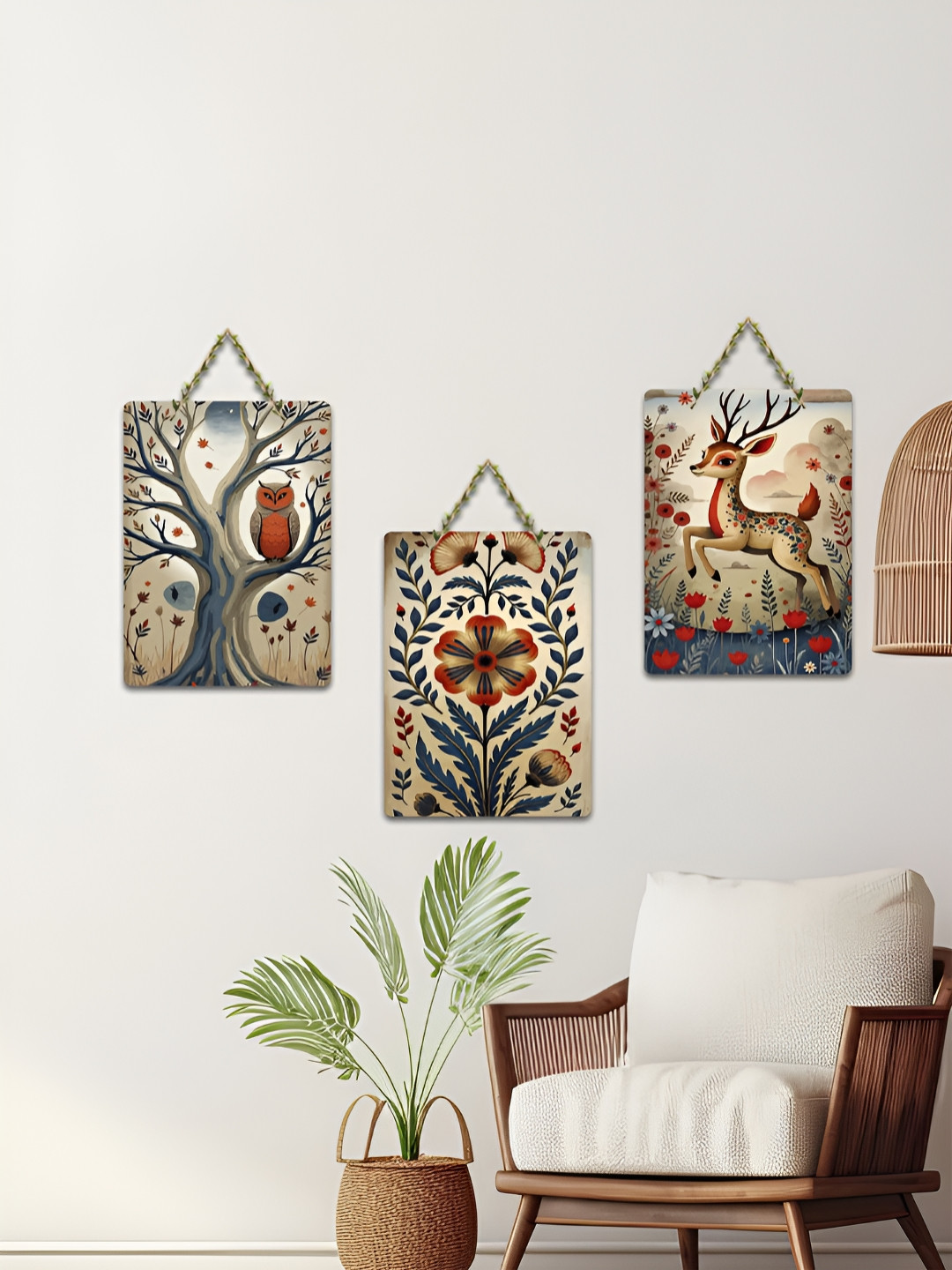 ArtVibes 3-Pcs Beige & Blue Nordic Nature Series Printed Wooden Wall Hanging Decor