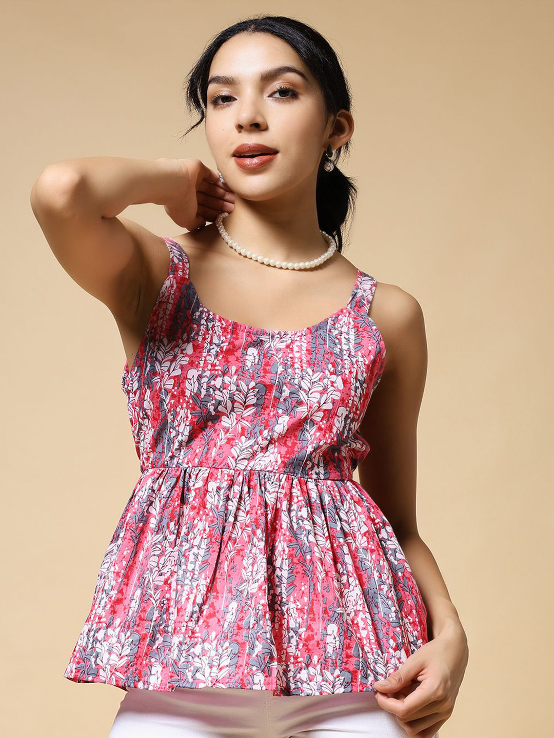 Womenster cotton printed strappy top for women Abstract Sleeveless Peplum Regular Top