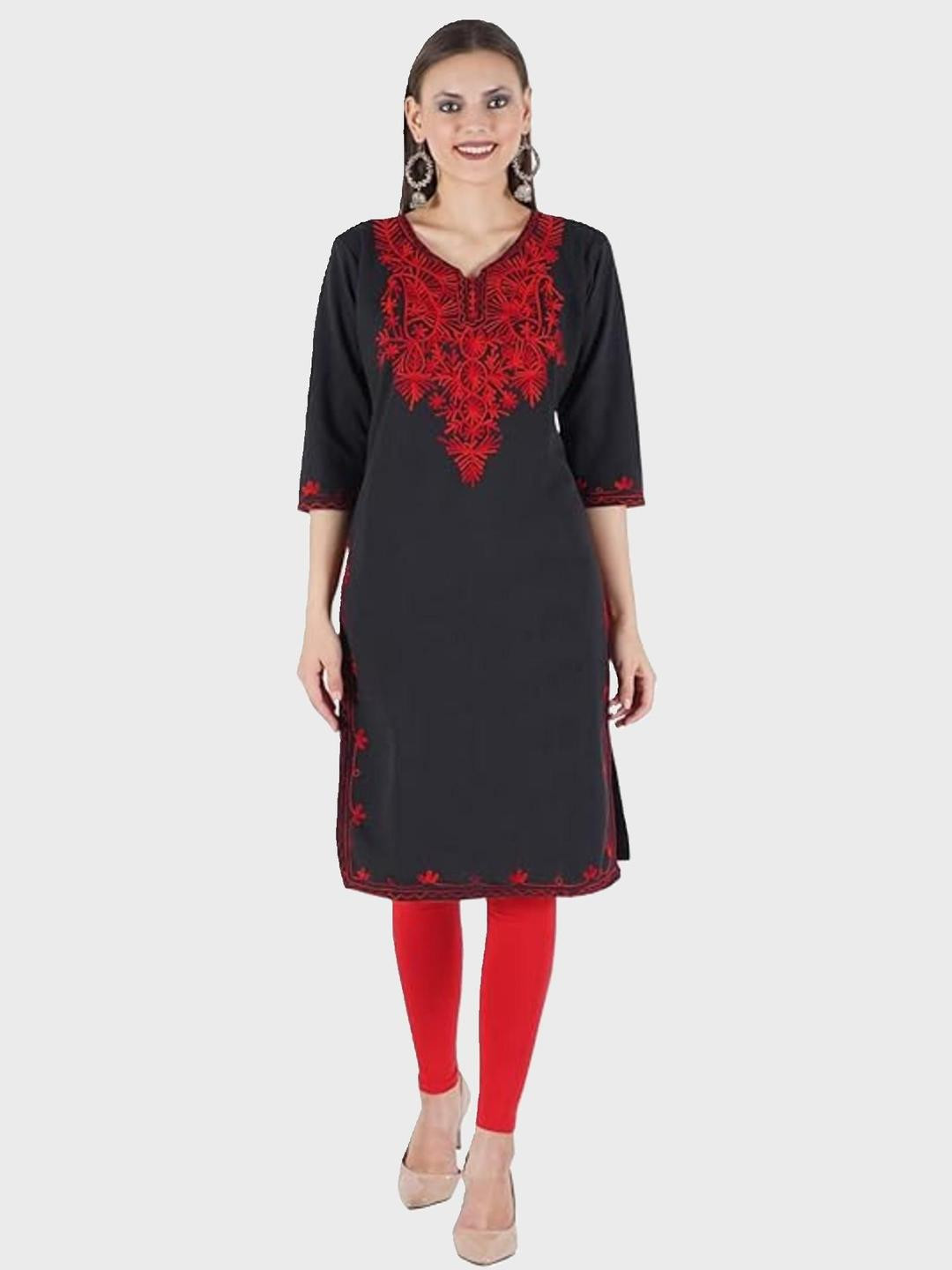 ERUDITE CLUB Women Flared Sleeves Thread Work Woollen Kurta