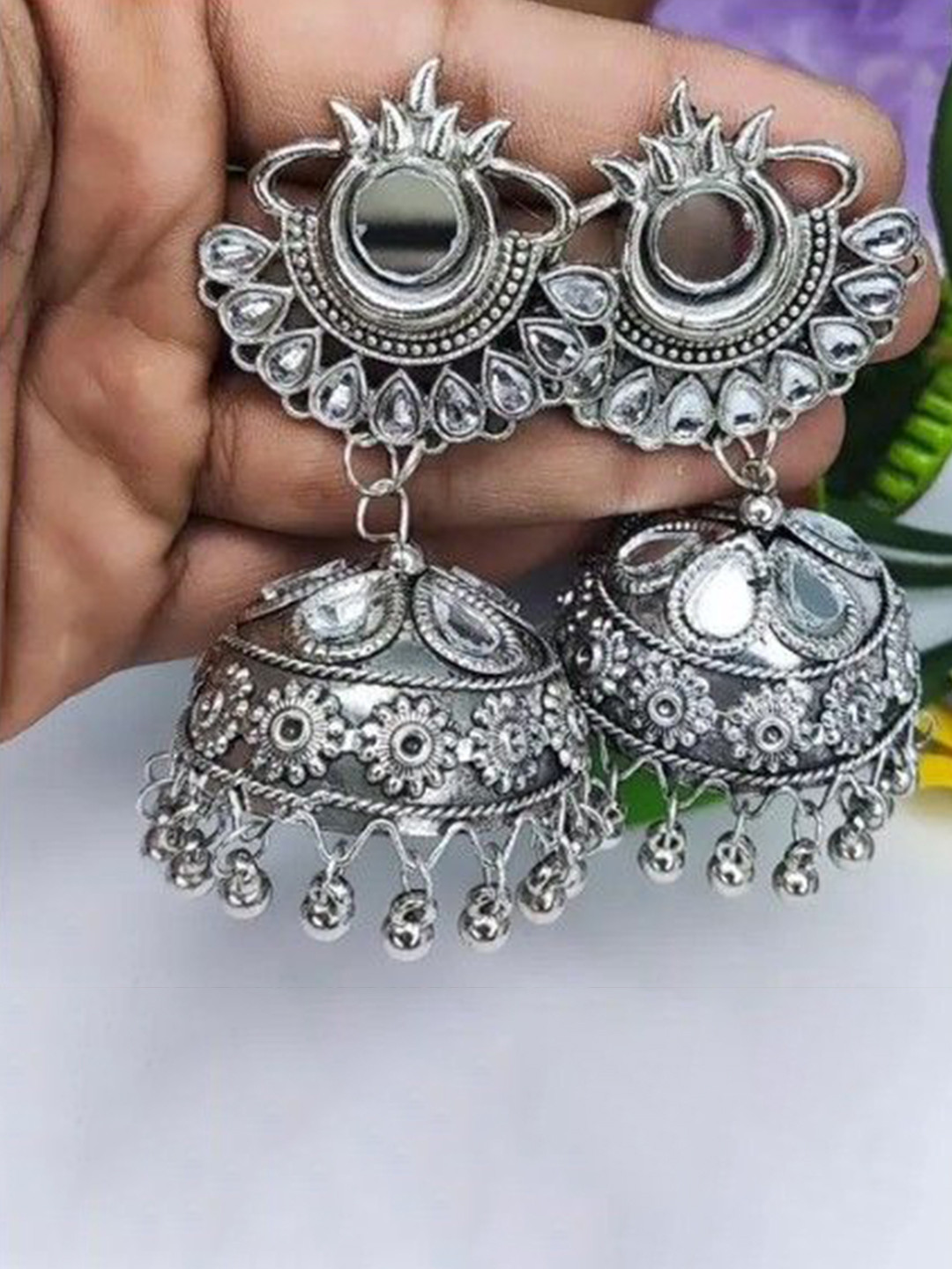 Samridhi DC Artificial Beaded Oxidised Mirror Work Dome Shaped Jhumkas