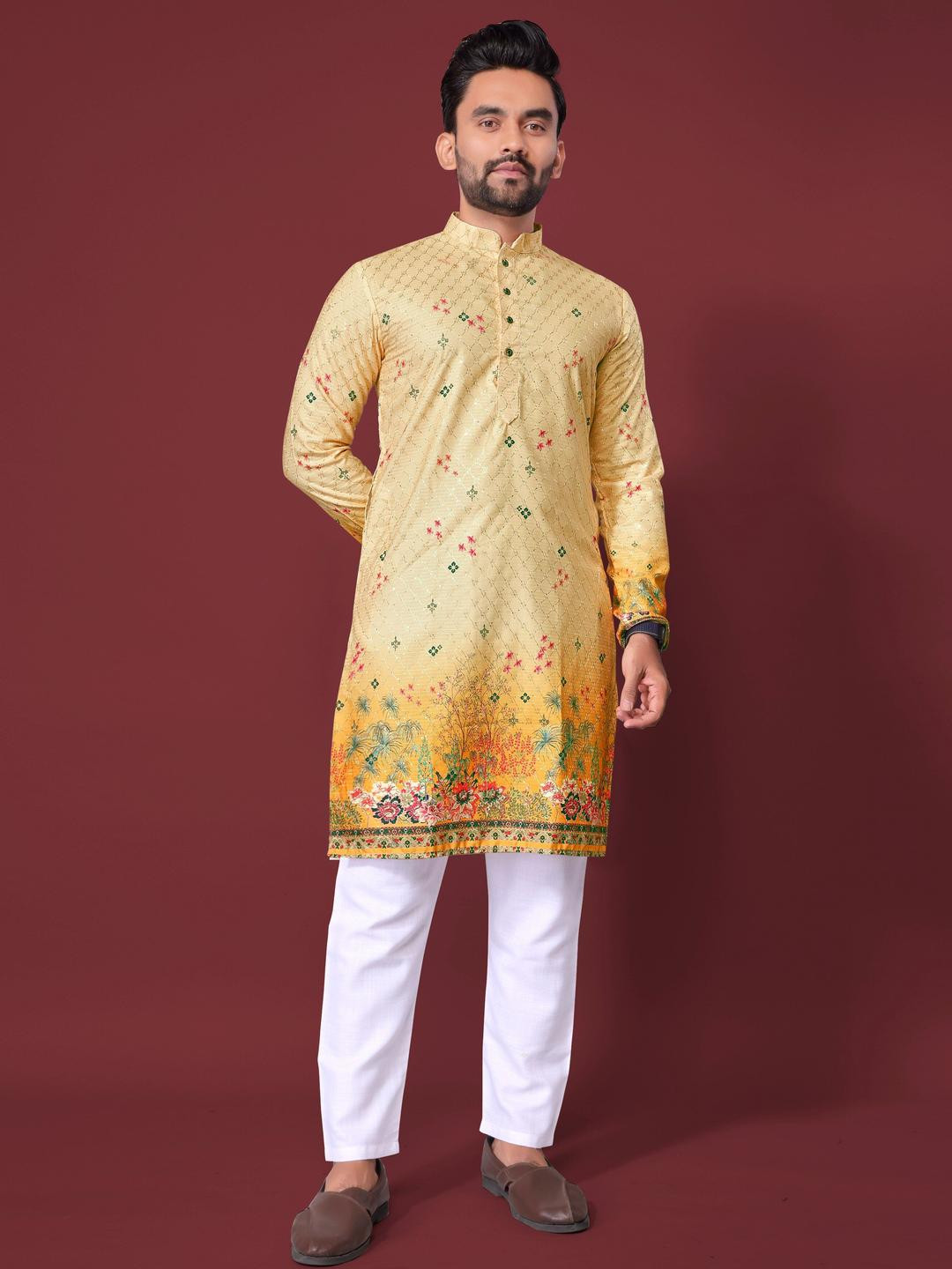 LADY BERRY Men Floral Printed Sequinned Shadow Work Kurta