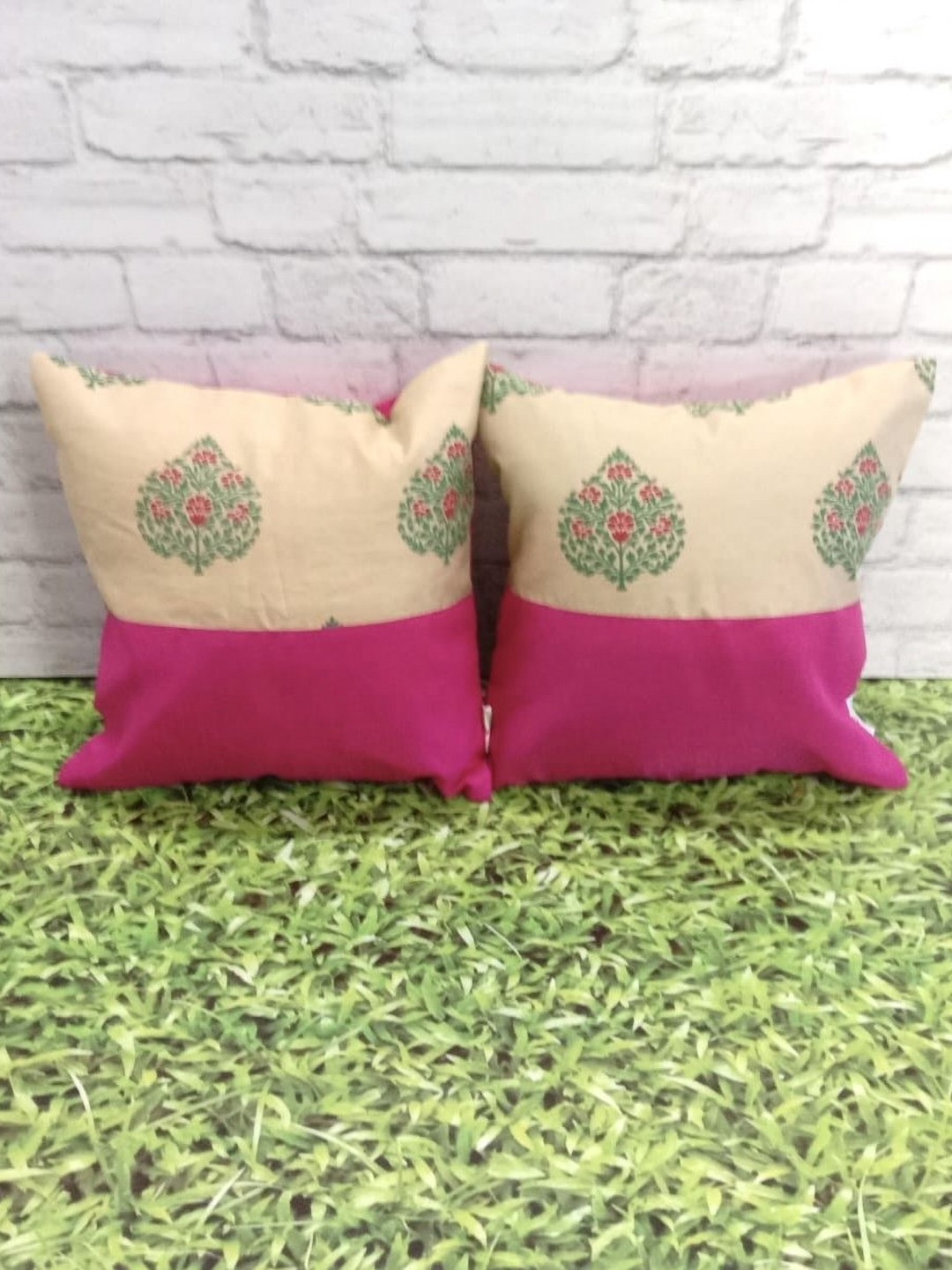 Pink Parrot Set Of 2 Ethnic Motifs Zari Breathable Square Cushion Covers