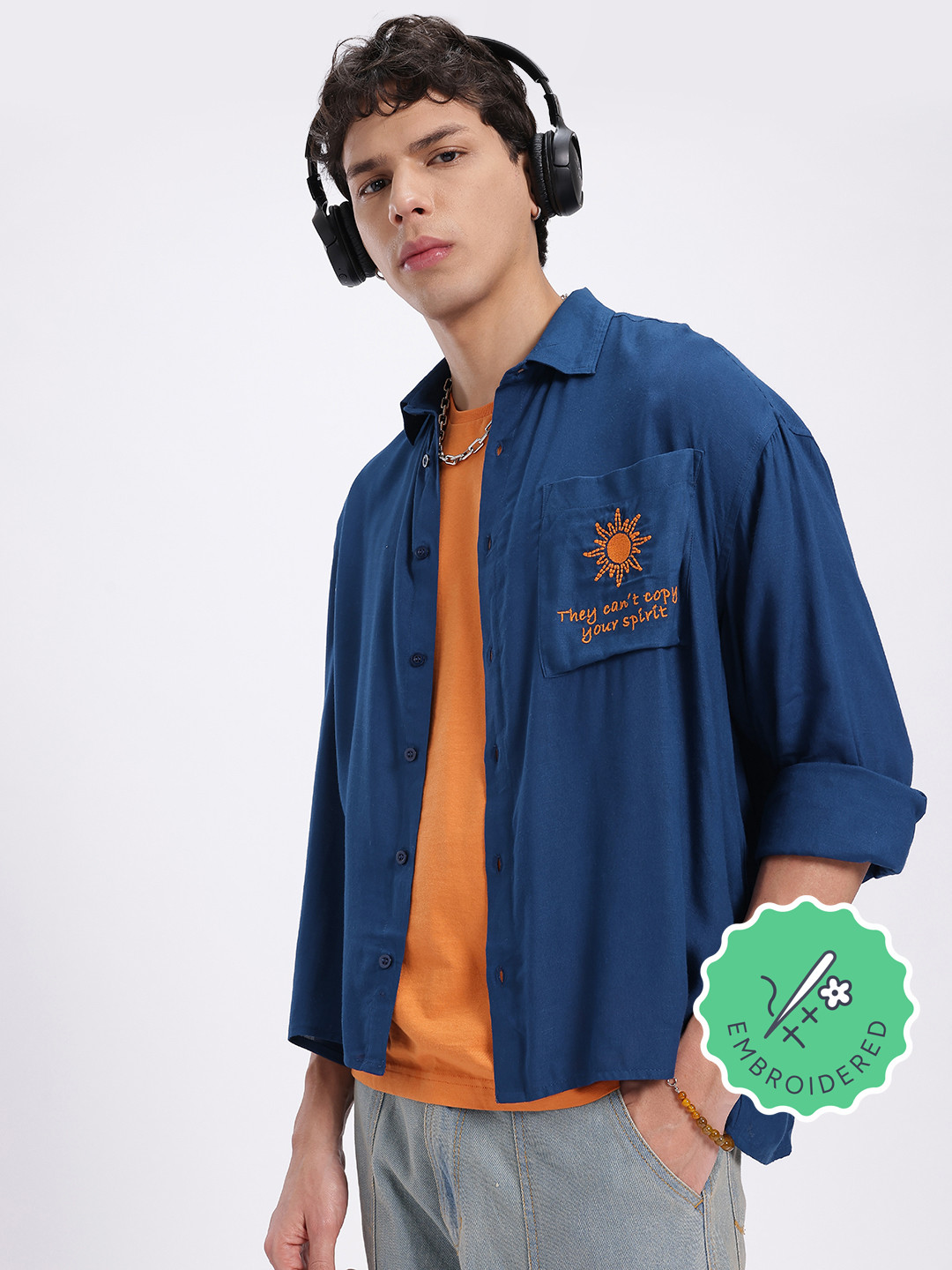 glitchez Thread Work Drop-Shoulder Sleeves Regular Fit Casual Shirt