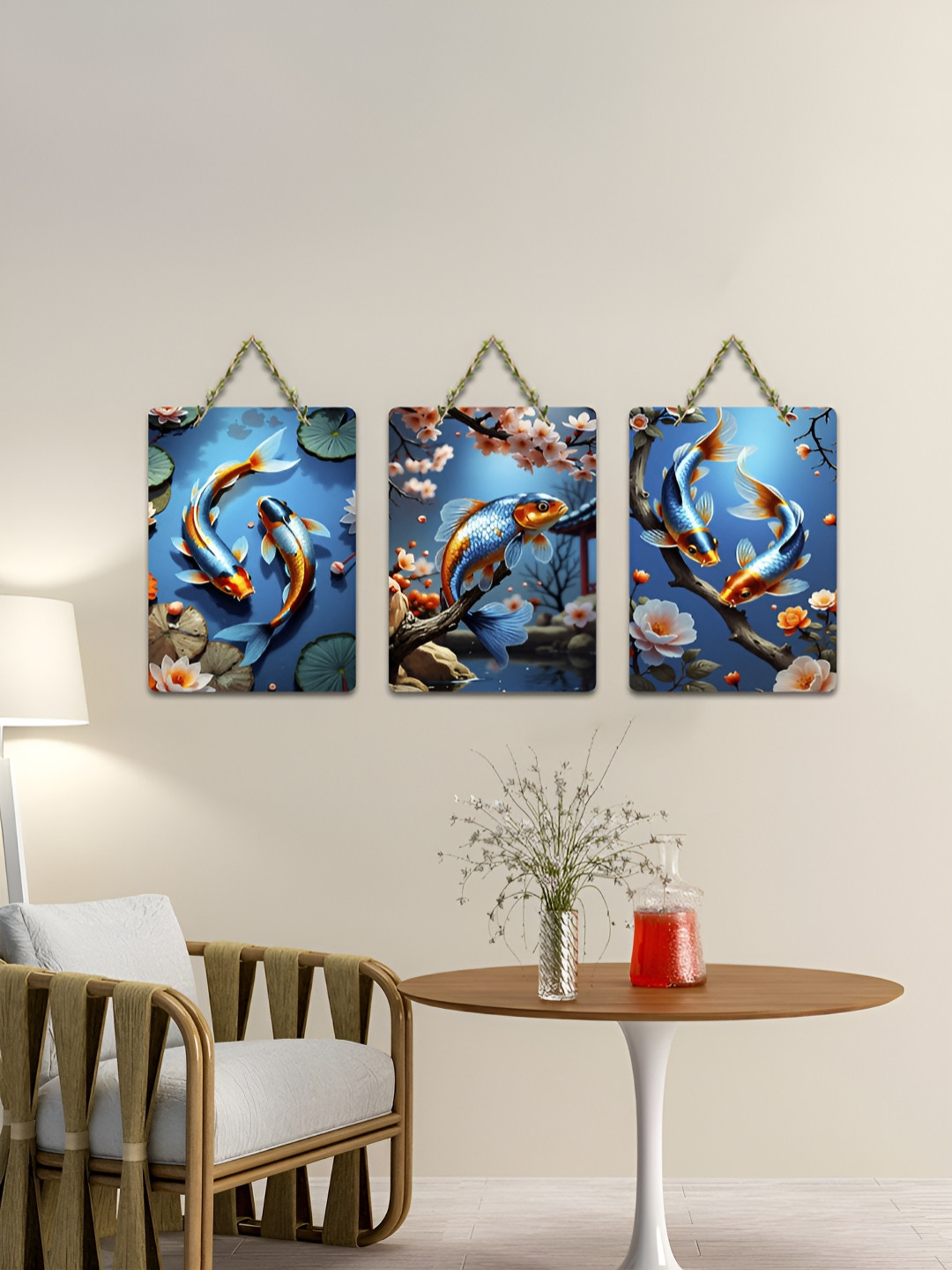 ArtVibes Blue & Orange-coloued 3 Pieces Koi Harmony Printed Wooden Wall Hanging Decors