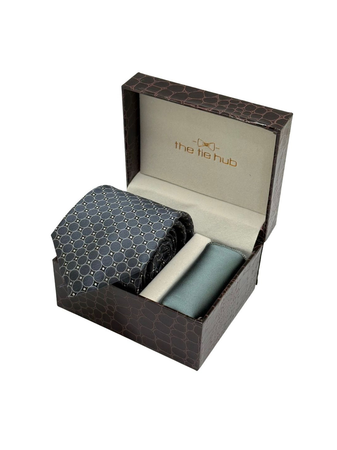 The Tie Hub Men Geometric Necktie with Sage Pocket Square Accessory Gift Set