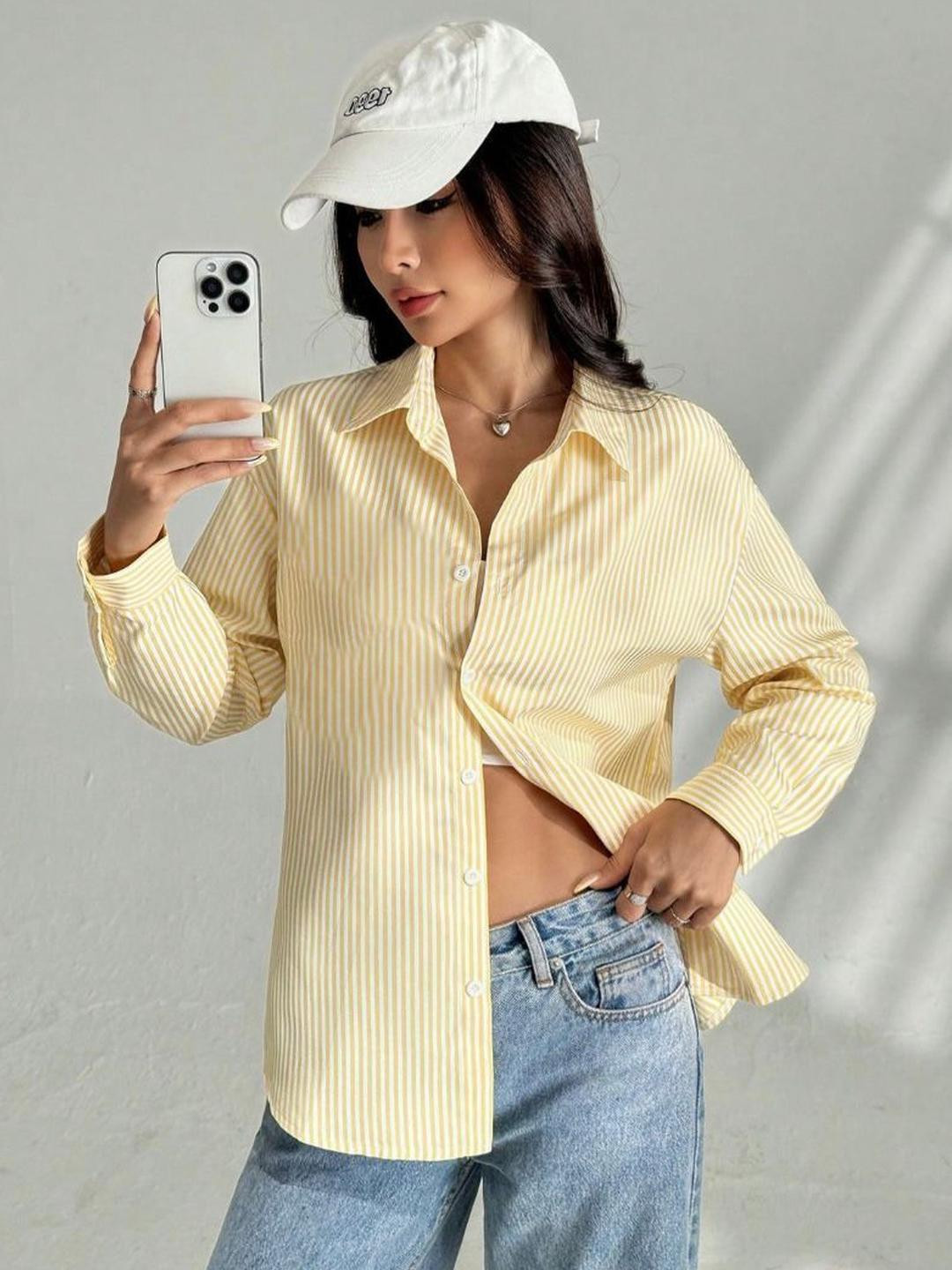 Femibazaar Women Yellow Stripe Oversized Shirts