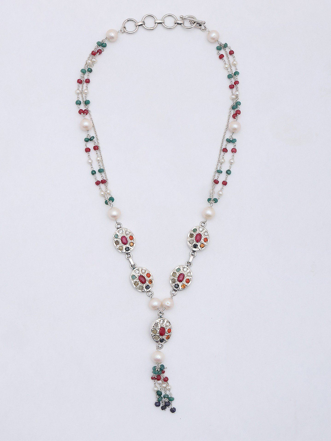 Exotic India Sterling Silver Dangling Gemstone Studded & Beaded Navaratna Long Necklace