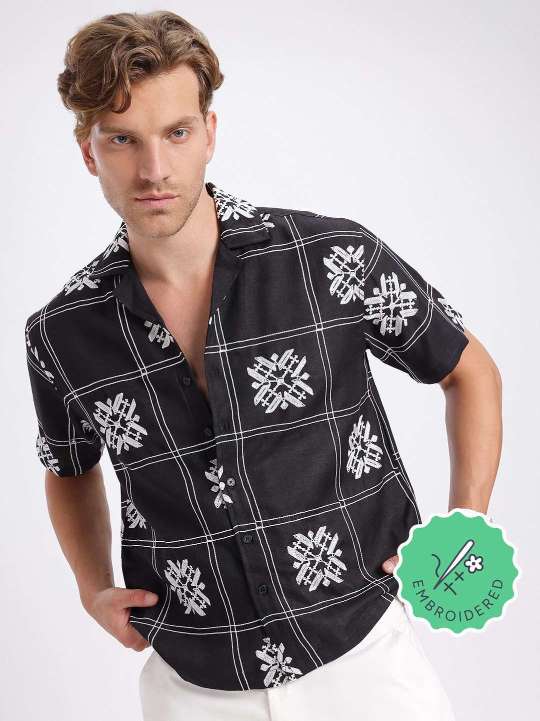 glitchez Monochrome Edge Embroidered Relaxed Bowling Shirt