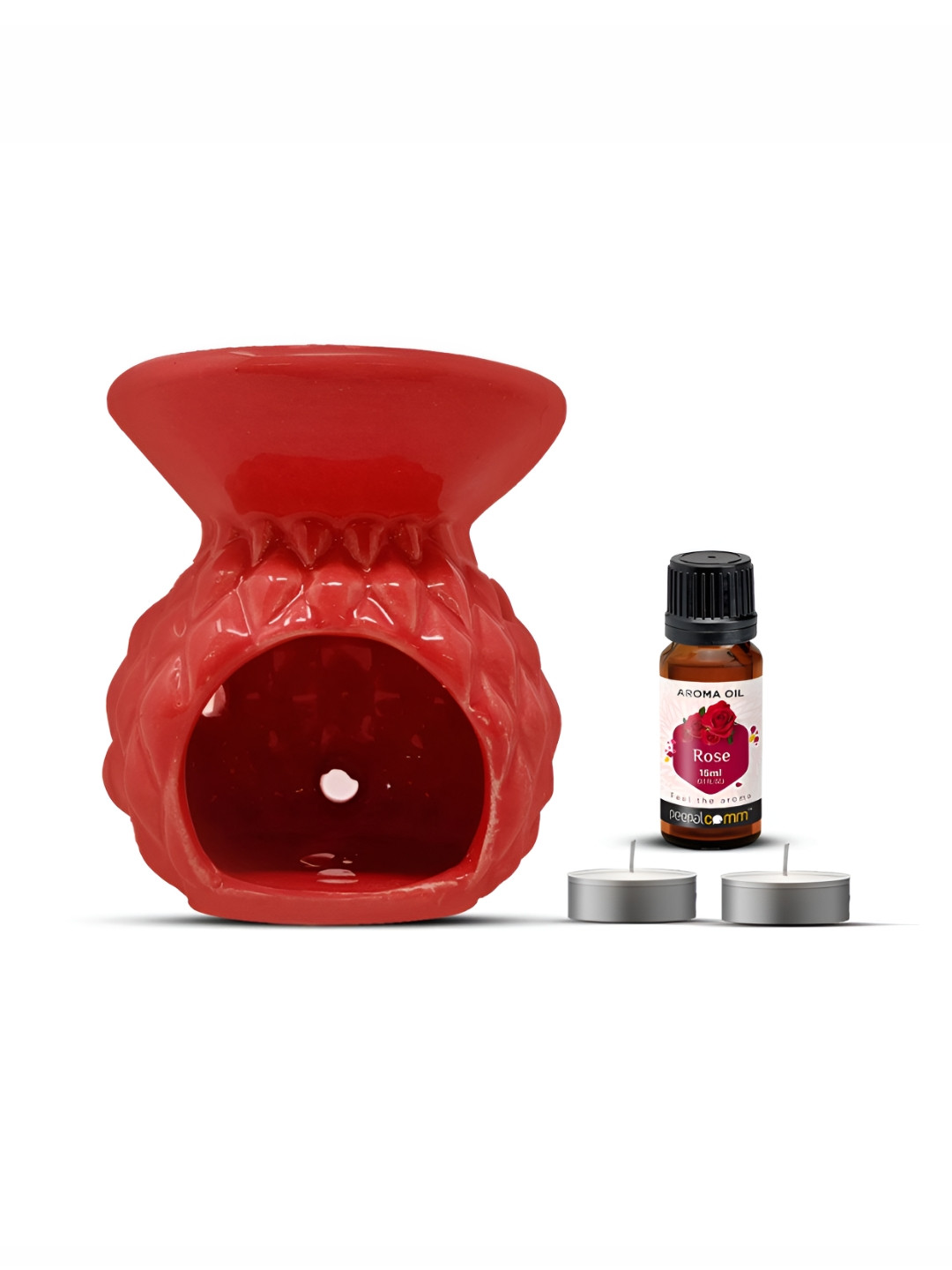 PEEPALCOMM 4Pcs Red Textured Ceramic T-light Aroma Diffuser With Rose Oil - 15 ml