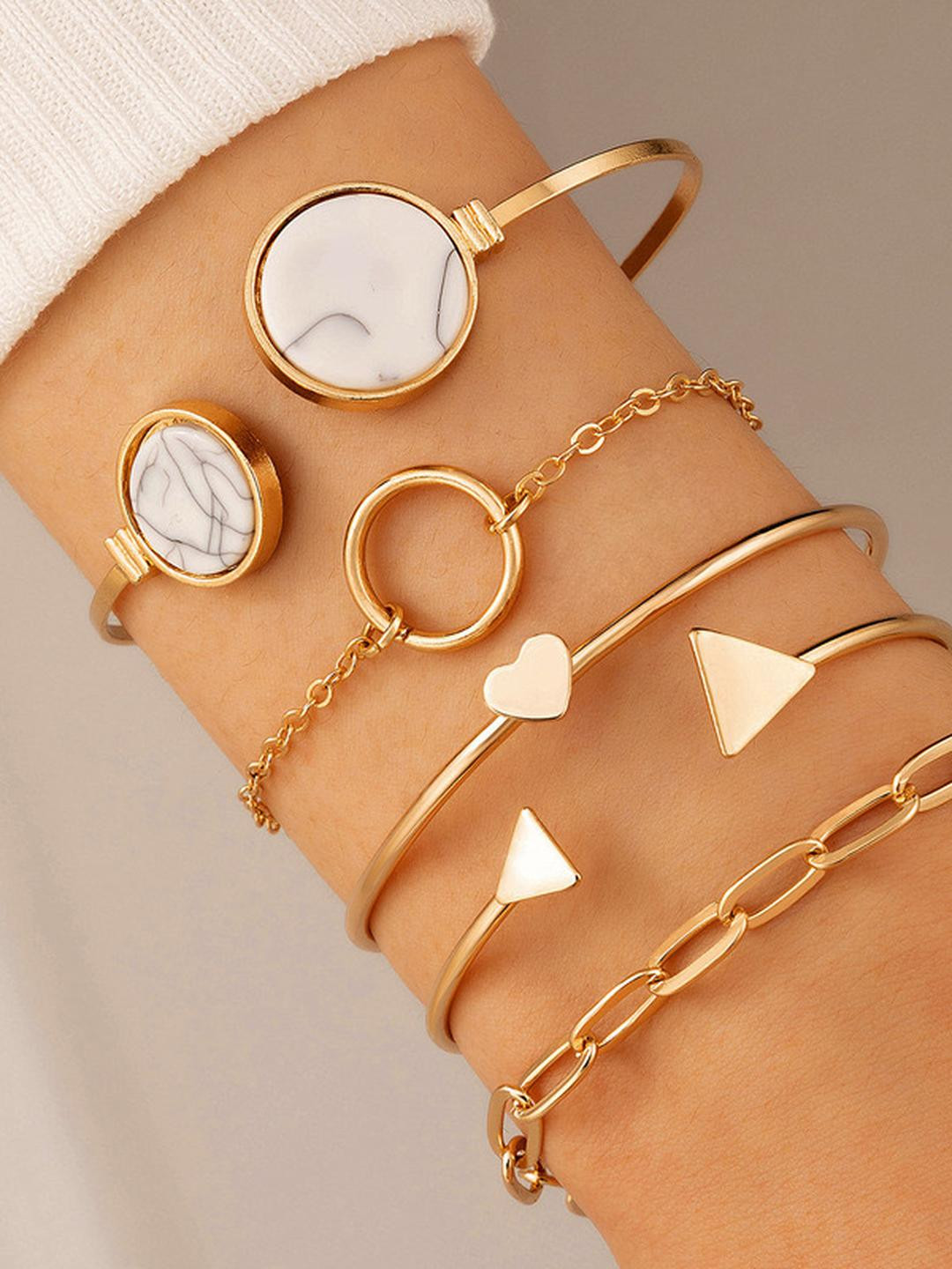 TheVineGirl Golden Toned Set of 5 Contemporary Stackable Korean Bracelet Set For Women/Girls