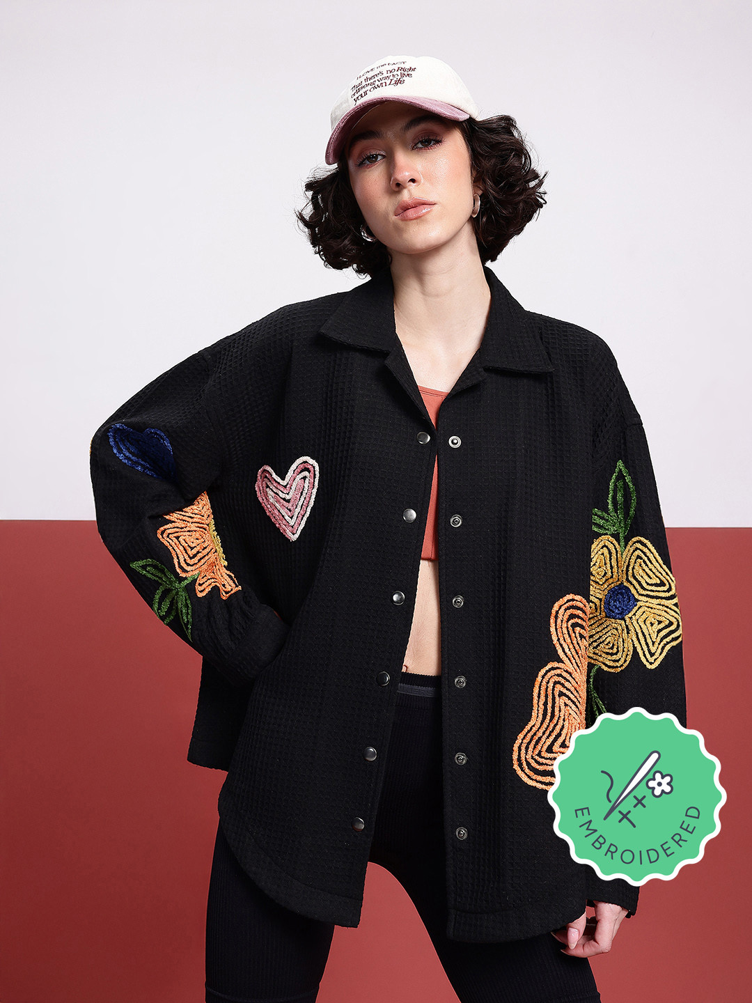 glitchez Waffle Knit Embroidered Oversized Pure Cotton Shacket