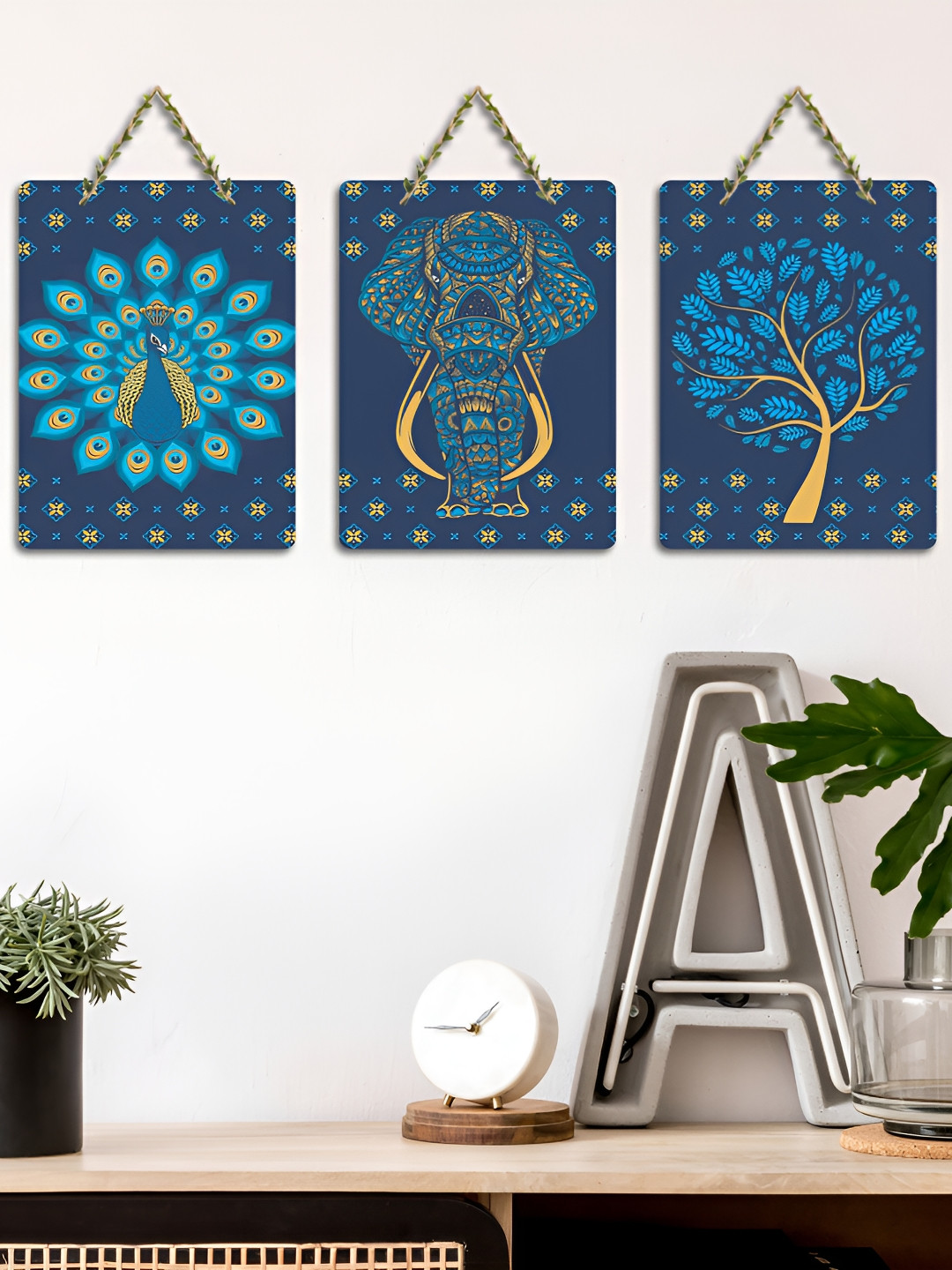 ArtVibes 3-Pcs Blue & Beige Pichwai Art Printed Wooden Wall Hanging Decor