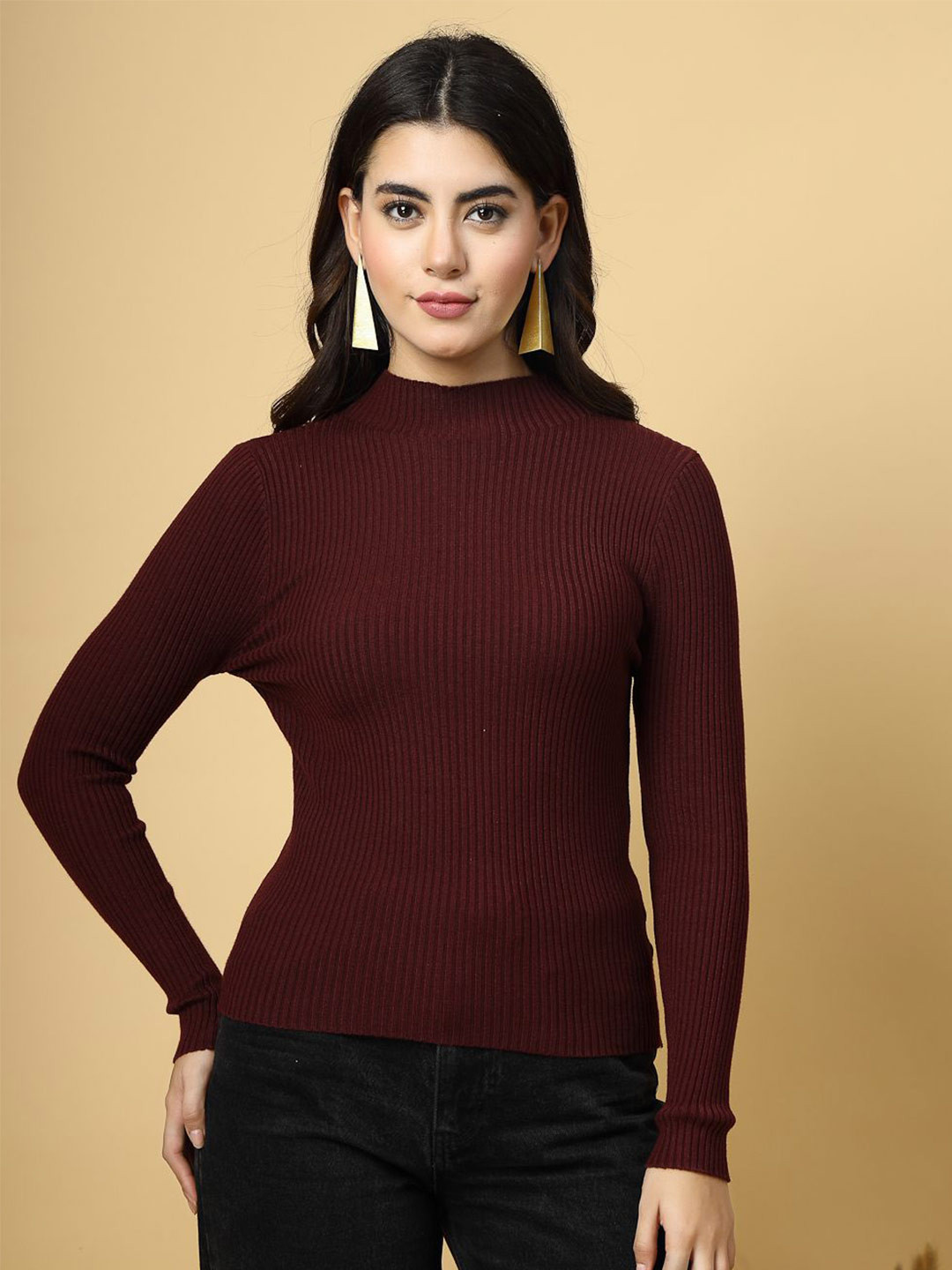 Mafadeny Women Ribbed High Neck Long Sleeves Top
