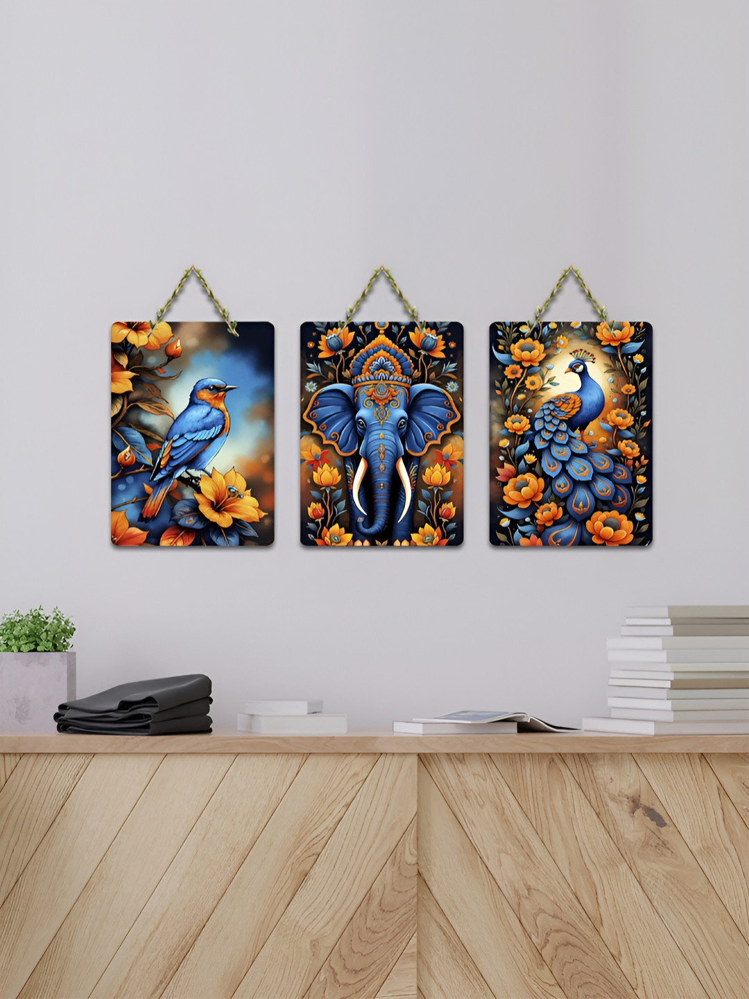 ArtVibes Blue & Yellow Spirit of Nature 3 Pieces Printed Wooden Wall Hanging Decors