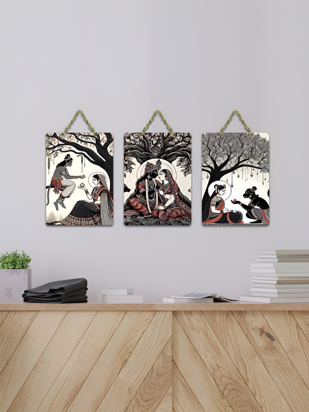 ArtVibes Black 3 Pieces Krishna Radha Minimal Folk Printed Wooden Hanging Wall Arts