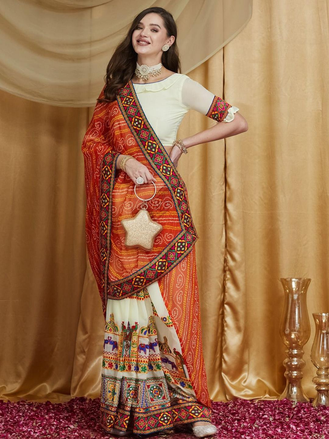 KAVINDI Designer Embroidery Georgette Saree with Unstitched Georgette Blouse