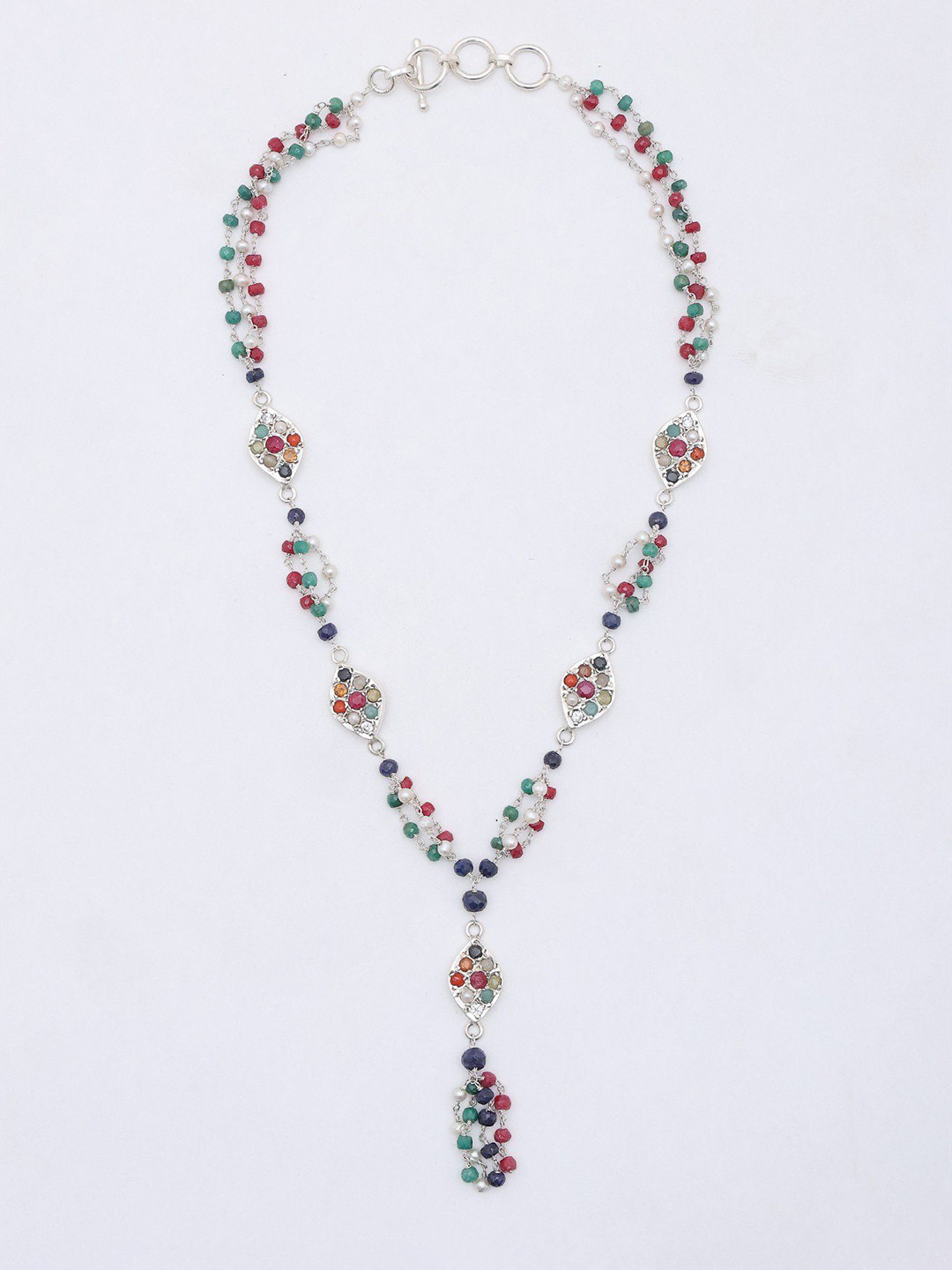 Exotic India Sterling Silver Gemstone Studded & Beaded Navaratna Necklace