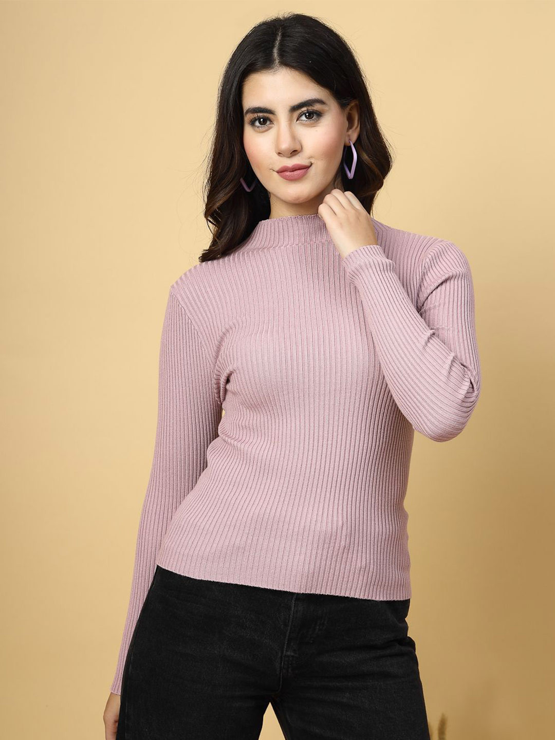 Mafadeny Women Ribbed High Neck Long Sleeves Top